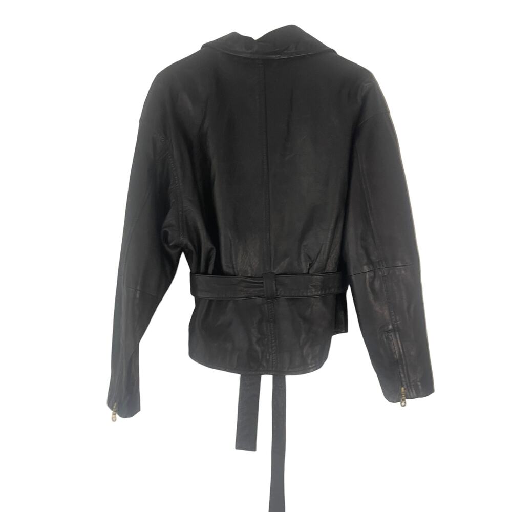 Wilson's Women's Large Vintage 80s Black Leather Moto‎ Biker Belted Jacket Coat - Picture 5 of 10